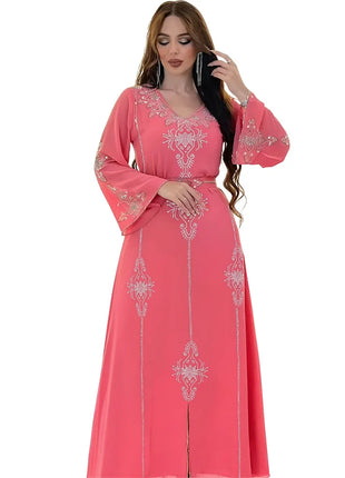 Women's Long Sleeve Polyester Abaya — Diamond Detail V-Neck Dress