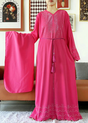 New 2025 Dubai Diamonds Muslim Women Modest Dress Elegant Arabic Femme Hijab Long Sleeve Chiffon Abaya Islamic Turkey Clothing
