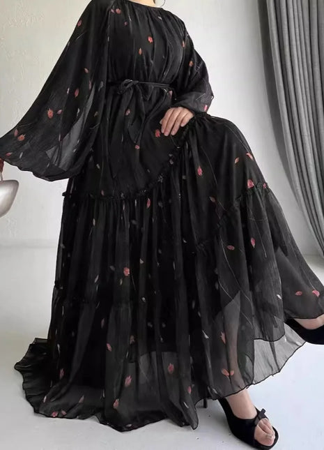 Eid Muslim Abaya Dress for Women Print Chiffon Sashes Jalabiya Kaftan Islam Vestidos Largo Arab Long Robe Ramadan Morocco Abayas