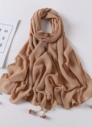 Fashion Flowers Pearl Tassel Chiffon Long Scarf Hijabs Elegant Womens Party Turban Headwear Solid Color Headscarf Shawls Scarves