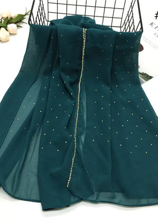 High Quality Rhinestone Chain Pearl Chiffon Long Scarf Hijabs Elegant Dubai Muslim Womens Party Wrapped Turban Shawls Headwear