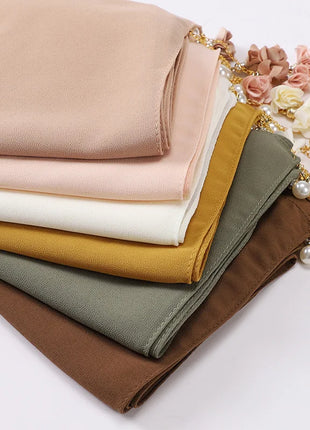 Fashion Flowers Pearl Tassel Chiffon Long Scarf Hijabs Elegant Womens Party Turban Headwear Solid Color Headscarf Shawls Scarves