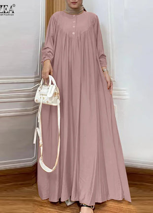 ZANZEA Solid Muslim Fashion Islamic Dress Women's Vintage Turkey Abaya Robe Long Sleeve Hijab O Neck Pleated Loose Kebaya 2025