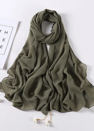 Fashion Flowers Pearl Tassel Chiffon Long Scarf Hijabs Elegant Womens Party Turban Headwear Solid Color Headscarf Shawls Scarves