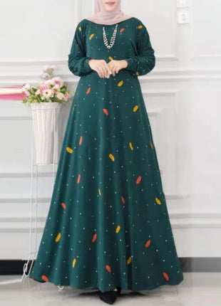 Muslim Leaf Pattern Long Sleeve Dress for Women Casual Bohemian Polka Dot Print Holiday Muslim Dress Full Length Abayas Dubai