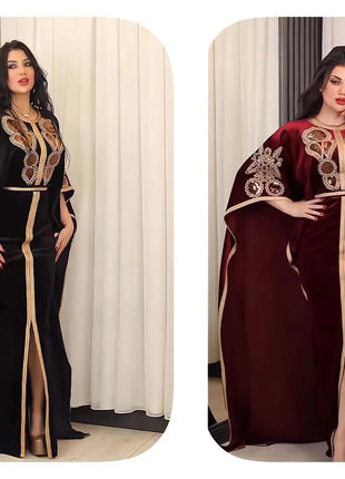 Ramadan Luxury Muslim Fashion Bat Sleeve Moroccan Turkiye Dubai Dress Middle East Arab Dress Sequins Golden Velvet Long Dress