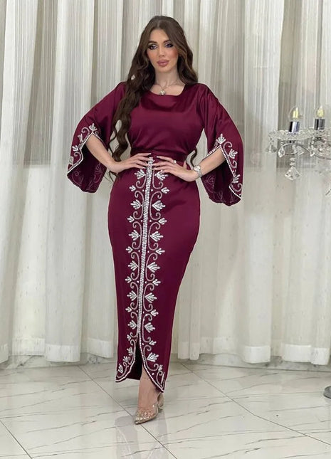 Elegant Satin Evening Gown Muslim Dress Women Abaya Long Sleeve Turkish Dresses Stylish Diamond Women Maxi Dress Dubai Kaftan