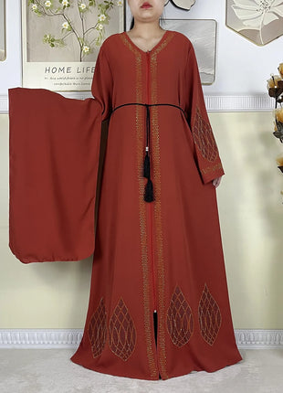 New Dubai Women Elegant Dress Diamonds Chiffon Open Abaya with Zipper Islamic Turkey Clothing Women Muslim Party Evening Dress