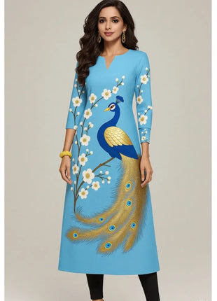 Muslim Kurt Casual Fashion Dress Long Sleeved Straight Tube Casual Ethnic Flower Abaya Women Muslim Dress Peacock Sleeve Abaya