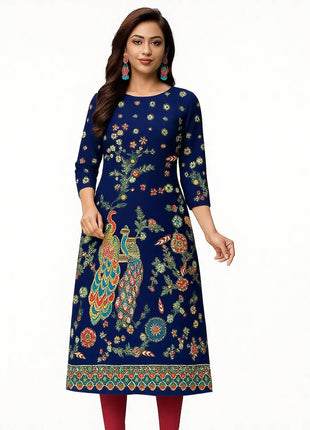 Muslim Women Kurt Casual Dress Slit hem Straight Casual Ethnic Peacock Mandarin Flowers Regular Size 3D Design Suitable