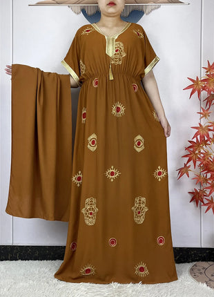 New African Abaya Women Elegant Dress Collect Waist Straight Cotton Embroider Dress Loose Caftan Femme Clothing Islamic Dresses