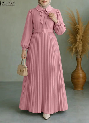 Elegant Muslim Dress Abaya ZANZEA Women 2025 Autumn Dresses Long Lantern Sleeve Pleated Sundress Belted Robe Femme Party Vestido