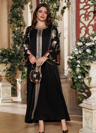 Ramadan Muslim Women's Gold Stamping Petal Sleeve Abaya O-Neck Stripe Dubai Dresses For Women Gala