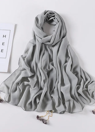 Fashion Flowers Pearl Tassel Chiffon Long Scarf Hijabs Elegant Womens Party Turban Headwear Solid Color Headscarf Shawls Scarves