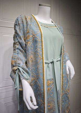 Charming Light Blue Two Piece Abaya Set Gold Patterned Outer Robe Belted Mint Inner Dress for Islamic Ramadan in the MIddle East