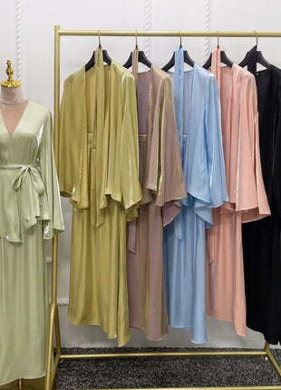 Ramadan Satin Abaya Dubai Turkey Islam Muslim Modest Dress Sets Prayer Clothes For Women Kaftan Robe Femme Musulmane