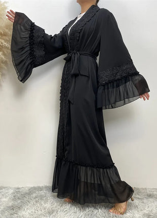 Fashion Lace Stitching Muslim Abaya Dubai Full Length Flare Sleeve Lace Abaya Dubai Turkey Muslim Islam Robe With Belt WY1391