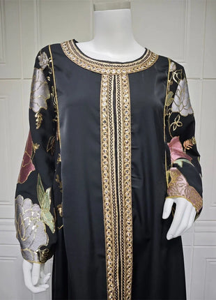 Ramadan Muslim Women's Gold Stamping Petal Sleeve Abaya O-Neck Stripe Dubai Dresses For Women Gala