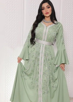 Middle East Hot Diamond Kaftan Robe Dress V-neck High Waist 2025 Autumn And Winter New Fashion High Street Long
