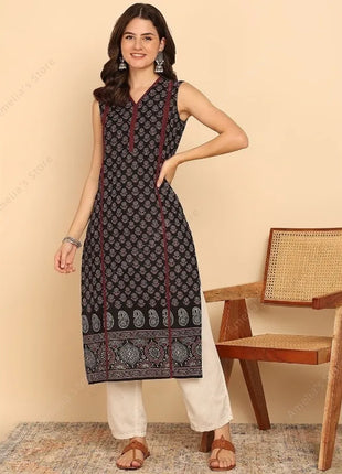 Indian Ethnic Style Women's Black Green Cotton Kurta Tunic Top Sleeveless Paisley Print Summer Wear Casual Kurti Dress