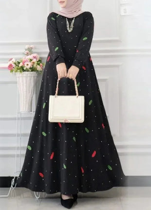 Muslim Leaf Pattern Long Sleeve Dress for Women Casual Bohemian Polka Dot Print Holiday Muslim Dress Full Length Abayas Dubai
