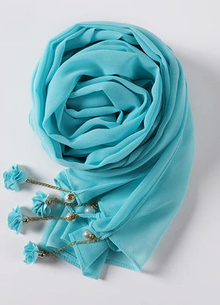 Fashion Flowers Pearl Tassel Chiffon Long Scarf Hijabs Elegant Womens Party Turban Headwear Solid Color Headscarf Shawls Scarves