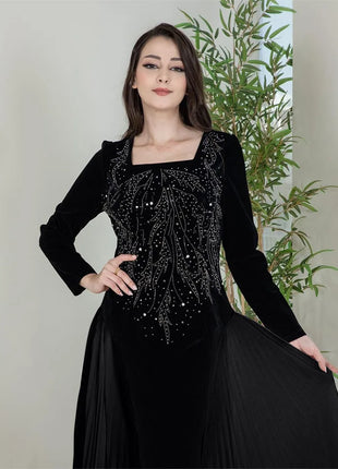 Women Dubai Arab Muslim Velvet Chiffon Splicing Diamond Evening Dress Jalabia Women's Clothing Abaya Robe