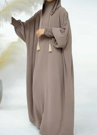 Women Tassel Abayas Muslim Ramadan Prayer Clothing With Hooded Jalaba Solid Casual Batwing Sleeve Arab Oriental Robe Eid Djellab