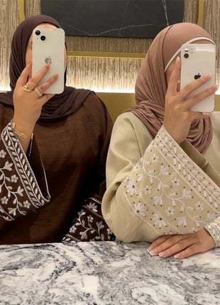 Linen Flower Embroidered Abaya 2024 Luxury Elegant Muslim Retro Kaftan Modest Dresses for Women Islam Clothing for Women Kebaya