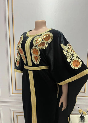 Ramadan Luxury Muslim Fashion Bat Sleeve Moroccan Turkiye Dubai Dress Middle East Arab Dress Sequins Golden Velvet Long Dress