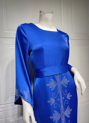 Elegant Satin Evening Gown Muslim Dress Women Abaya Long Sleeve Turkish Dresses Stylish Diamond Women Maxi Dress Dubai Kaftan