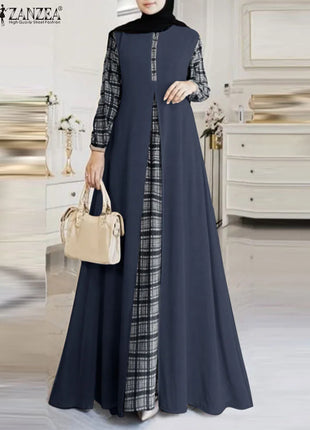 ZANZEA Women Patchwork Muslim Dress Fashion Abaya Robe Femme IsIamic Vestidos Kaftan Spring Long Sleeve Plaid Checked Sundress