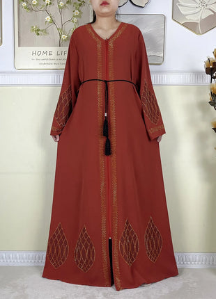 New Dubai Women Elegant Dress Diamonds Chiffon Open Abaya with Zipper Islamic Turkey Clothing Women Muslim Party Evening Dress