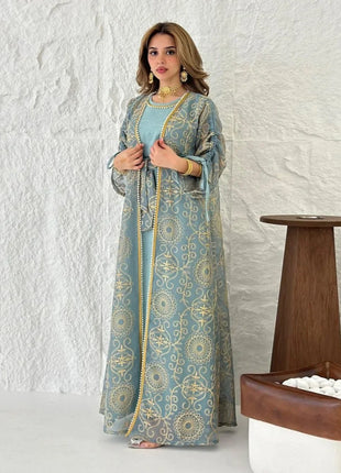 Eid Muslim Abayas for Women Party 2 Piece Set Embroidery Cardigan Robe Lace Up Dress Morocco Kaftan Islam Ramadan Dubai Vestidos