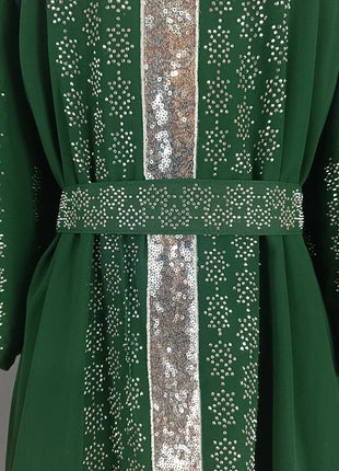 Abaya Muslim Women Party Dresses Chiffon Sequins Jalabiya Ramadan Eid Morocco Islam Sashes Vestidos Arab Long Robe Dubai Kaftan