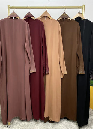 Hot Selling Ramadan Rhinestone Cardigan Islamic Dresses With Pockets Kebaya Muslim Kimono Abaya Dubai Modest Clothing Women EID