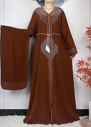 2024 Muslim Abaya For Women Long Sleeved Chiffon Diamonds Loose Fit Femme Robe Islam Maxi Dubai Fashion Party Dresses With Scarf