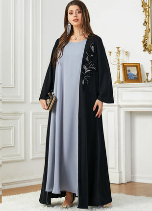 2024 New Saudi Arab Casual Loose Black Floral Beading Draped Open Kimono Abaya Jalabiyat Moroccan Turkish Borka Women Clothing