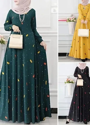 Muslim Leaf Pattern Long Sleeve Dress for Women Casual Bohemian Polka Dot Print Holiday Muslim Dress Full Length Abayas Dubai