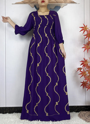 New African Abaya Women Elegant Dress Collect Waist Straight Cotton Embroider Dress Loose Caftan Femme Clothing Islamic Dresses