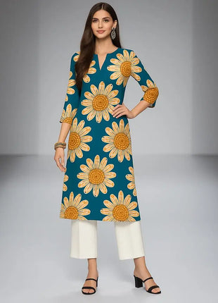 Muslim Kurtta Women's Casual Fashion Dress Long Sleeved Straight Tube Casual Ethnic Flower Abaya Musulmane Modest Dress