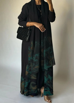 Middle Eastern Loose Open Front Abaya Muslim Women Full Sleeve Printed Abayas Turkey Kaftans Jilbabs Islamic Maxi Dresses