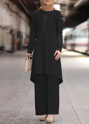 Ramadan Two Piece Sets Shirt &Pants Women Muslim Suits Shirt Blouse Musulman Ensembles Moroccan Kaftan Islamic Dress Sets