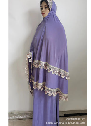 Ramadan  Long Khimar Muslim Abaya Women Prayer Garment Saudi Prayer Dress Lace Trim Silky 2 Piece Skirt Sets Eid Niqab jilbab