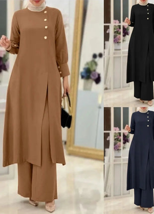 Ramadan Women Eid Muslim Two Pieces Set Split Blouse & Pant Musulman Ensemble Button Shirt Pants Matching Sets Femme Abaya 2024