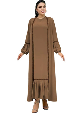Muslim Women Hijab Dress 2 Piece Set Eid Lantern Sleeve Maxi Long Dress Islamic Clothing Caftan Kimono Big Swing Abaya Dresses