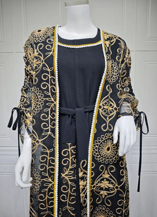 Charming Light Blue Two Piece Abaya Set Gold Patterned Outer Robe Belted Mint Inner Dress for Islamic Ramadan in the MIddle East