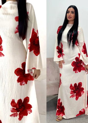 Arabesque Bell Sleeve Flowy Maxi Abaya Dress Elegant Floral Print Muslim Modest Long Dress Islamic Vacation Outfit Summer Robe