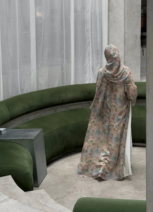 Middle Eastern Elegant Arabic Traditional Cardigan Long-Sleeved Floral Print Abaya Robe with Headscarf