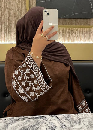 Linen Flower Embroidered Abaya 2024 Luxury Elegant Muslim Retro Kaftan Modest Dresses for Women Islam Clothing for Women Kebaya